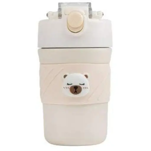 Термос детский  «Cute Bear» поилка с трубочкой нержавеющая сталь 420 мл Бежевый - фото 1