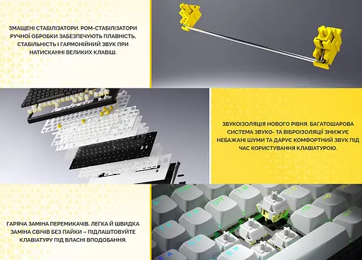 Клавиатура игровая механическая HATOR HTK-3100-RU Skyfall 100 Wireless Aurum Lemon Switch USB, 2,4 ГГц, BT 5.3 Black-White - фото 7