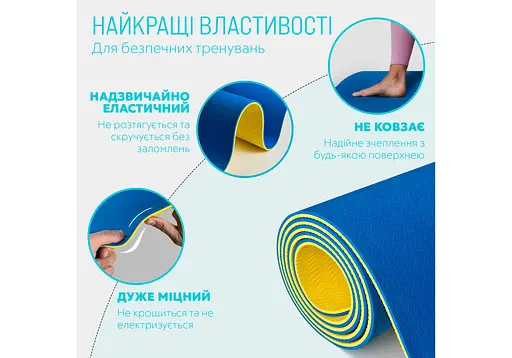 Коврик для йоги и фитнеса EasyFit TPE+TC 6 мм двухслойный синий-желтый (EF-1924-BEY) - фото 3