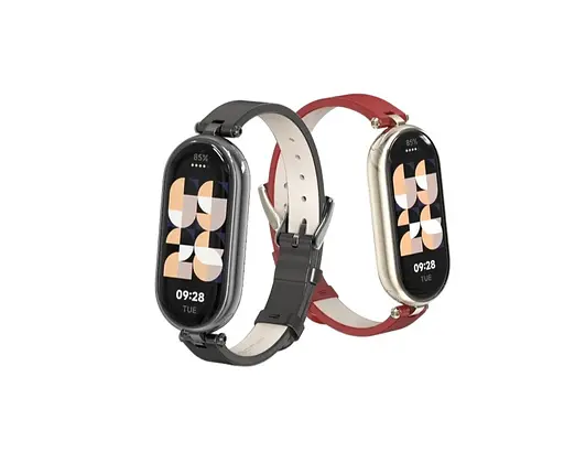 Шкіряний ремінець MiJobs для фітнес-браслета Xiaomi Mi Band 8 і 9 Type A червоний, тримач - золотистий - фото 3