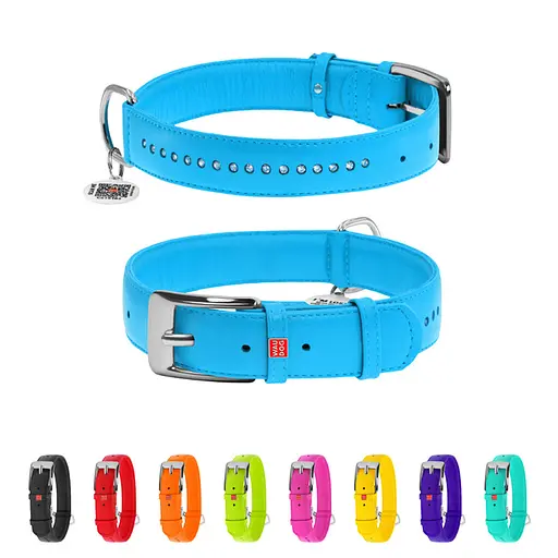 Нашийник для собак шкіряний Waudog Glamour з QR-паспортом подвійний зі стразами S Ш 15 мм Д 27-36 см блакитний - фото 2