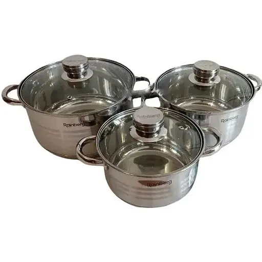 Набор кастрюль Rainberg RB-605 из 3-х кастрюль 6,3/7,1/9,4л с крышками из нержавеющей стали 6 предметов - фото 1