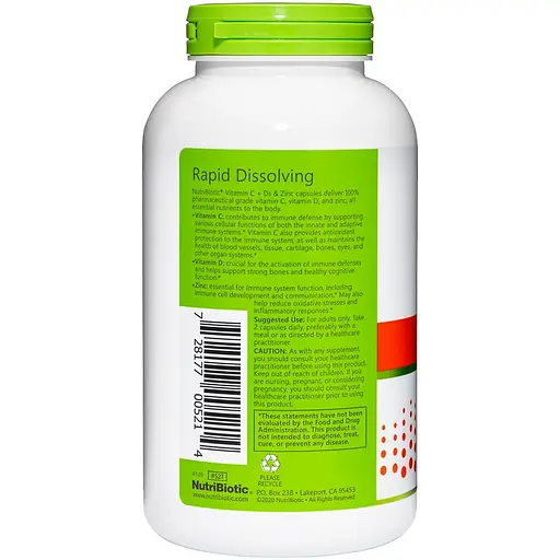 Диетическая добавка NutriBiotic Vitamin C + D3 & Zinc 250 капсул - фото 2