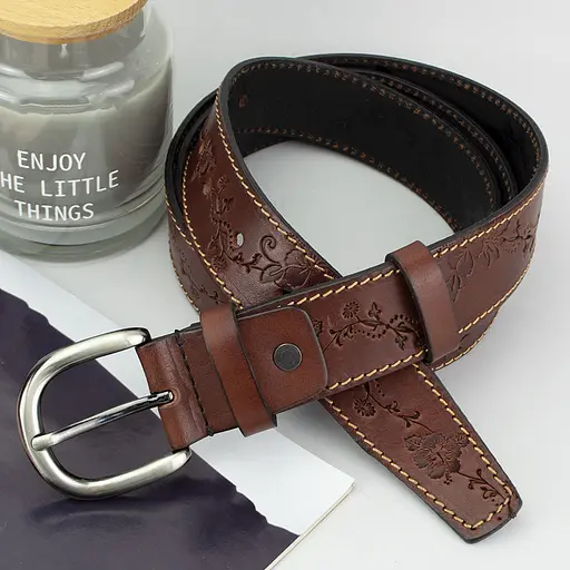 Ремінь шкіряний жіночий з квітами коричневий батал SF-3531 (145 см) - фото 4