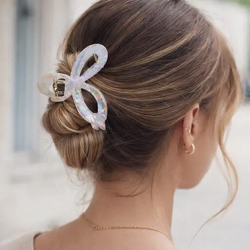 Заколка-крабик для волосся Бантик 11 см прозорий акрил з вкрапленнями Перламутровий - фото 2