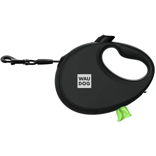 Повідець-рулетка для собак Waudog R-leash з контейнером для пакетів, світловідбивна стрічка, М, до 20 кг, 5 м, чорний