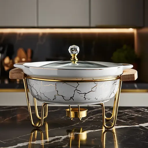 Мармит фарфоровый настольный круглый 800 (мл) мармитница с подогревом Белый мрамор Yiwu LC-710 - фото 3