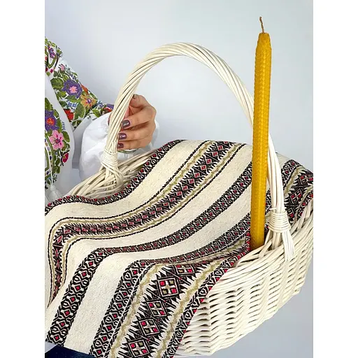 Комплект Пасхальная корзина Буковина (большая) с льняным полотенцем 70х30 см Святогор красный и свечой