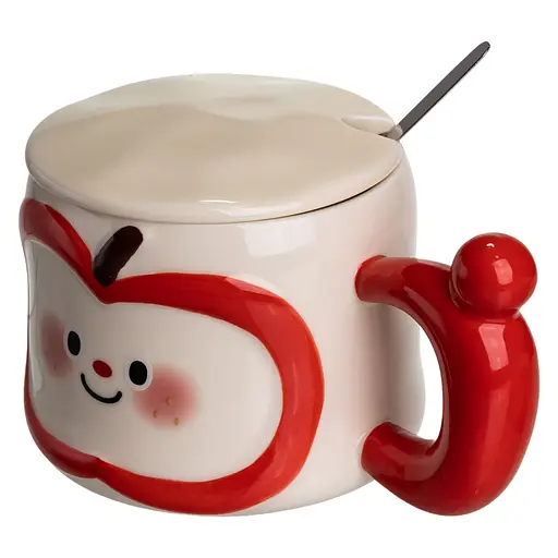 Чашка порцелянова Cute Apple 400 мл з кришкою та ложкою червоний FM-25B - фото 4