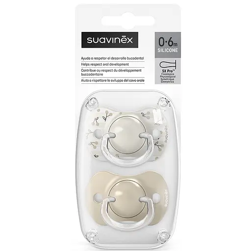 Пустушка фізіологічна Suavinex Birdies 0-6 місяців 2 шт., біла з малюнком та бежева (309054)