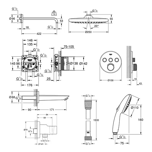 Душевая система скрытого монтажа термостатическая Grohe QuickFix Smartcontrol UA202802R3, Хром - фото 2