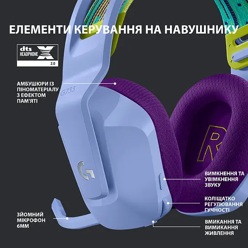 Наушники G733 Lightspeed Wireless RGB, LILAC Logitech teh0021838 - фото 5