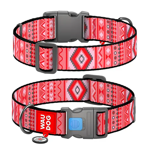 Ошейник для собак нейлоновый Waudog Nylon с QR-паспортом "Этно красный" пластиковый фастекс XXL Ш 35 мм Д 46-70