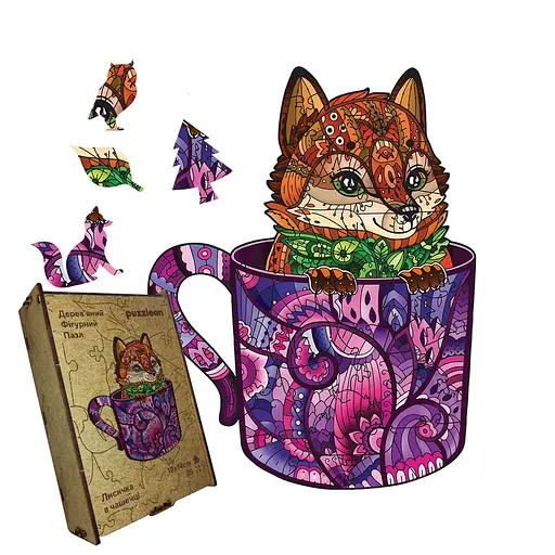 Пазл деревяний Лисичка в чашечці, А2, Деревяна коробка 300+ елементів