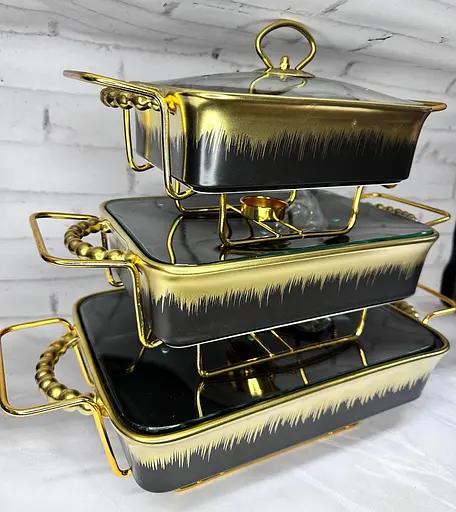 Набор из 3-х мармитов керамических прямоугольных Kitchen с крышками из стекла Черно Золотой - фото 2