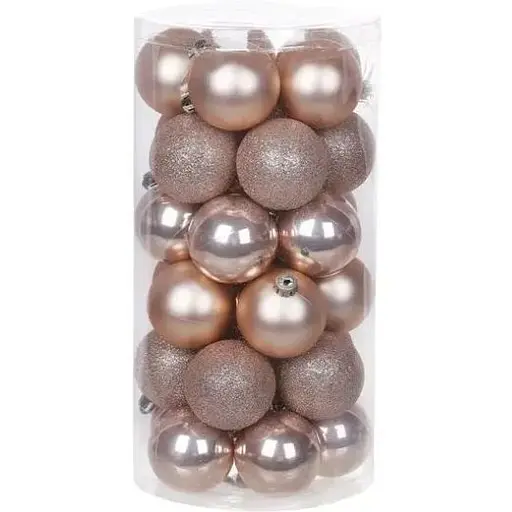 Набір ялинкових куль 5 см пудрового кольору 30 шт з гліттером та перламутром пластикові у прозорій тубі - фото 1