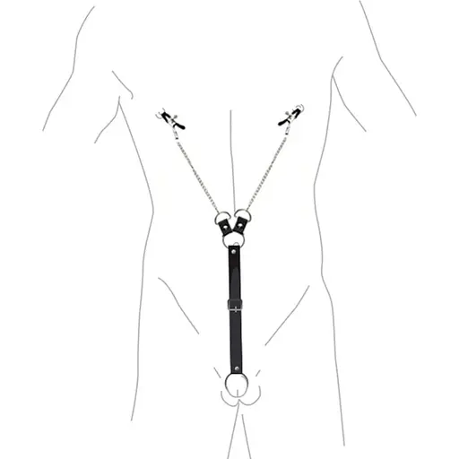 Зажимы для сосков Art of Sex Nipple Clamps for Men с фиксацией на мошонке, Эко кожа - фото 3