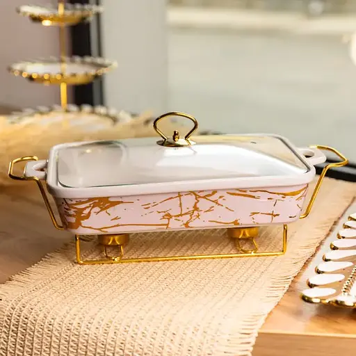 Мармітниця порцелянова Yiwu 2 л прямокутна на металевій підставці 40х22.5х15.5 см марміт для перших страв LT-3PCS-15 - фото 2