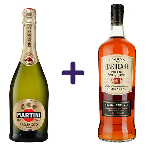 Набор: Игристое вино Martini Prosecco 0.75 л + Спиртной напиток на основе рома Bacardi Oakheart Original 35% 1 л