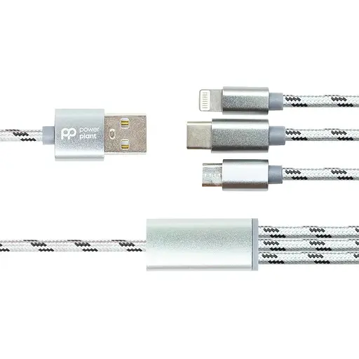 Кабель PowerPlant 2.1A 3-в-1 USB AM-Type-C/Lightning/Micro, 1.2м, сірий