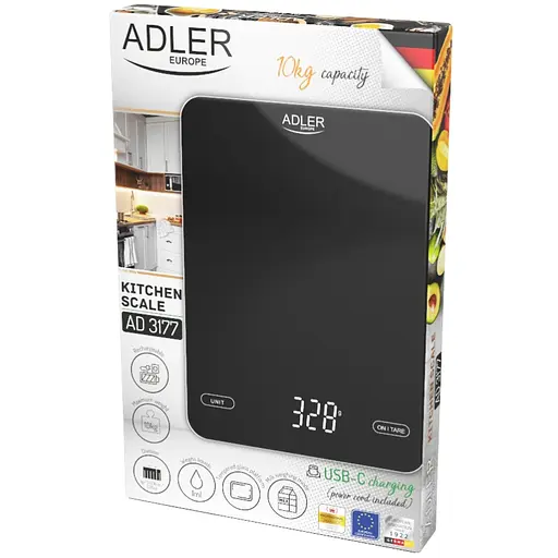 Ваги кухонні Adler AD 3177 black електронні/ 10кг/ г; мл, унція/ USB type C/ автовимкнення/ скло - фото 5