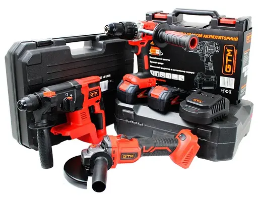 Набір акумуляторного інструменту GTM 18V шурупокрут DSI18/80BL, болгарка AGC18/125BL, перфоратор RHC18/22BL + 2 АКБ і ЗП - фото 1