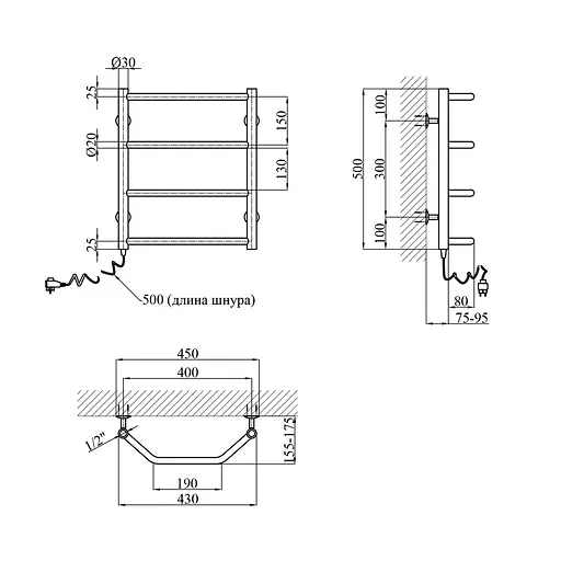 Рушникосушарка електрична Kroner Трапеція ДТ01EL 500x400/4 EL CV026129, Хром, Ліве - фото 2