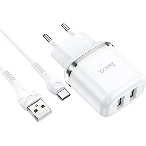 Адаптер сетевой Hoco N4 Aspiring dual port charger set 2USB Type-C кабель білий - фото 1