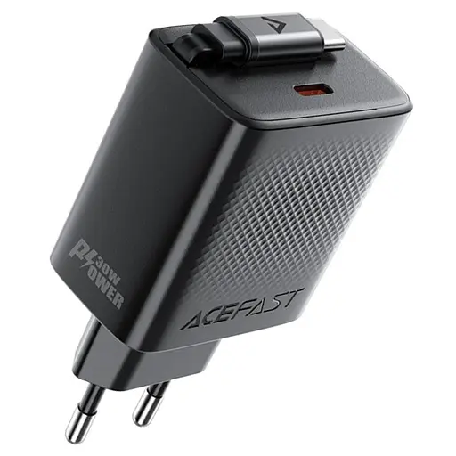 Сетевое зарядное устройство с кабелем Acefast A110 PD30W GaN charger (USB-C+USB-C) with retractable cable (EU) черный - фото 1