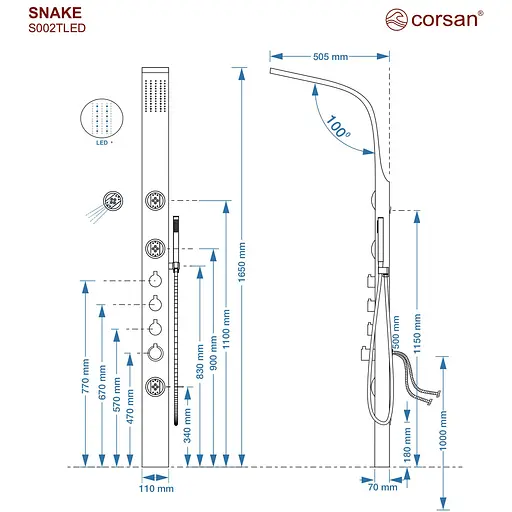 Душова панель Corsan Snake black LED з термостатом S002TBLLED, Чорний матовий - фото 5