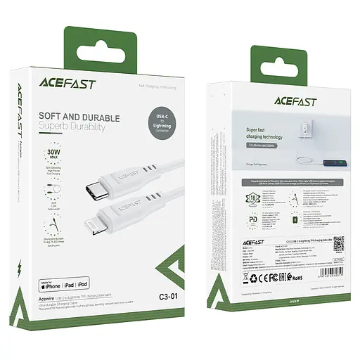 Кабель ACEFAST C3-01 Type-C to iP 3A, 30W, TPE, TPE connectors, White - фото 2