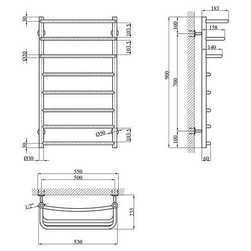 Полотенцесушитель водяной Kroner KRP Prima WT900x500-8 (CV036312) - фото 5