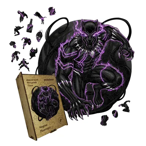 Деревянный фигурный пазл Черная Пантера, А5, Картонная коробка 35 элементов