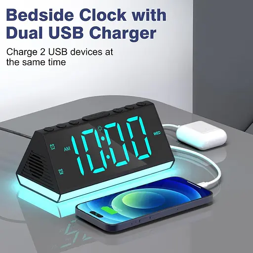 Цифровий будильник для спалень з USB-зарядними пристроями, барвисте нічне світло будильник, повтор, подвійний будильник - фото 5