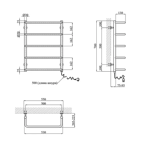 Рушникосушарка електрична Kroner Скоба ДС09ER 700x500/5 ЕR CV023834, Хром, Праве - фото 2