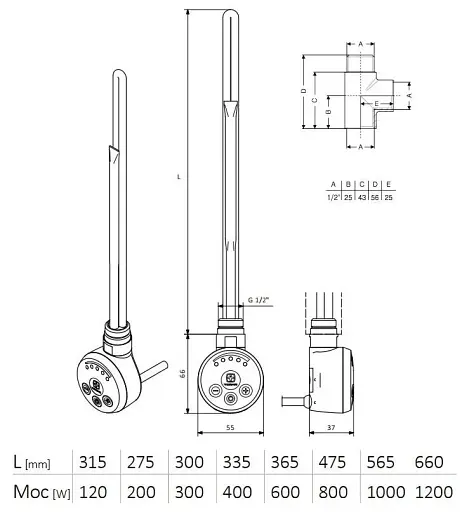 ТЕН для рушникосушки Terma MEG з електронним термостатом 600W Chrome + трійник 30412 - фото 2