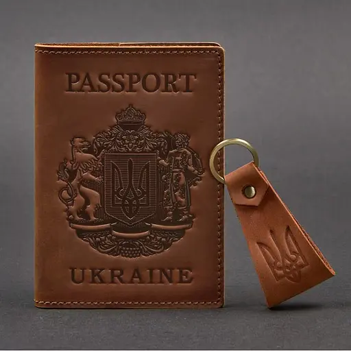 Подарочный набор кожаных аксессуаров с украинской символикой светло-коричневый. - фото 5