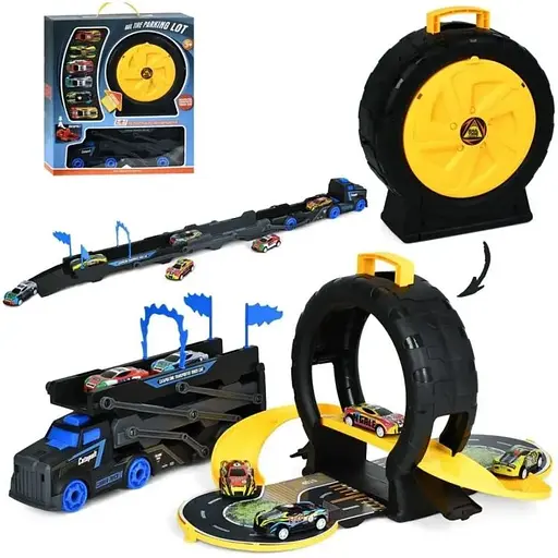Набор игровой трейлер трансформер колесо трек 6 металлических машин Желтый - фото 1