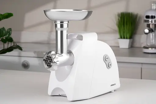 ARDESTO М'ясорубка, 1900Вт, 1.8кг/хв, 3 решітки, насадка для ковбас, кеббе, 4 терки, пластик, білий - фото 2