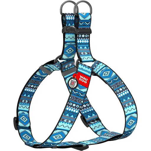 Шлея для собак Waudog Nylon з QR паспортом, малюнок "Етно синій", пластиковий фастекс, XL