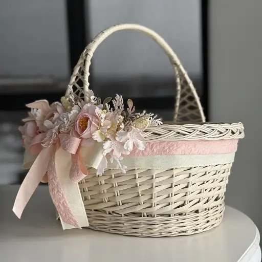 Пасхальная корзина 38х28см hand-made MIS LT бежевая с пудрово-розовым декором большая - фото 3