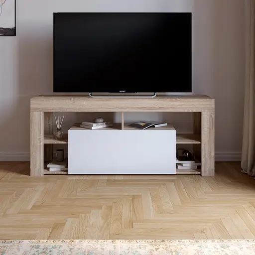 Тумба под телевизор с 4 полками М-ЗОН Джеко 140 Сонома/Нимфея Альба (MZN-031035)