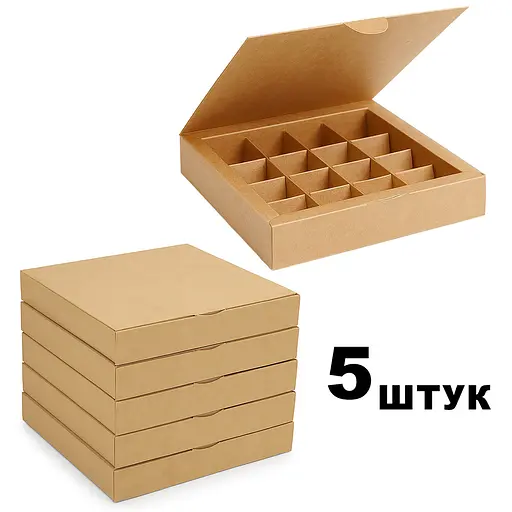 Набор из 5 коробок крафт для 16 конфет, орешков, макаронс, зефира и тарталеток с ячейками 185×185×35 мм подарочная упаковка, Vals Крафт 87907 - фото 2
