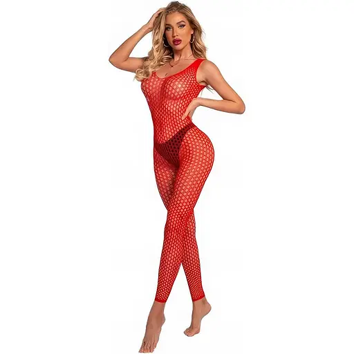 Сексуальний бодістокінг в сітку з відкритою спиною червоного кольору універсальний розмір XS/S/M - фото 1