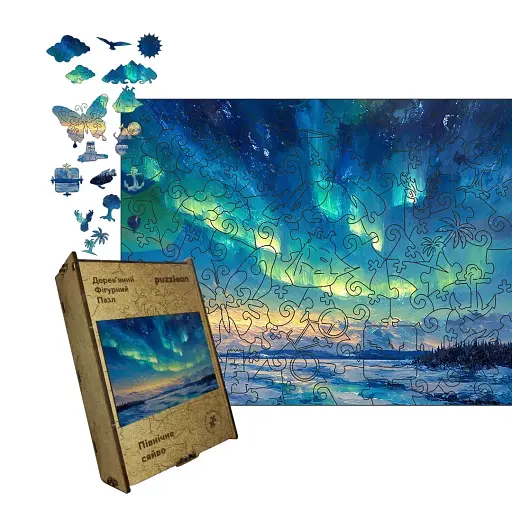 Деревянный фигурный пазл Северное Сияние, А4, Деревянная коробка 100 элементов
