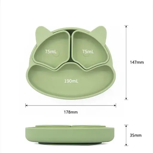 Набор силиконовой детской посуды Cheeks для прикорма на присосках из пищевого силикона оливковый с грызунком прорезывателем-погремушкой Жираф - фото 2