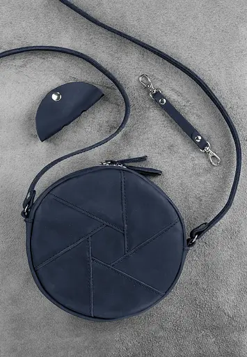 Шкіряна кругла жіноча сумка Бон-Бон синя Crazy Horse - фото 3