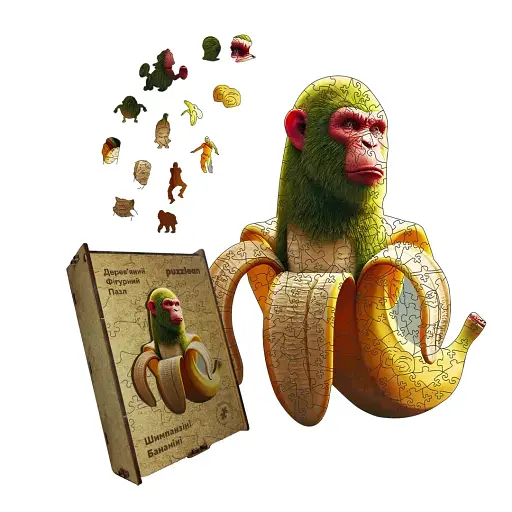 Деревянный фигурный пазл Шимпанзини Бананини, А4, Деревянная коробка 100 элементов