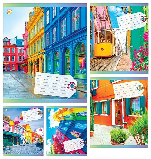 Зошити учнівські 48 аркушів клітинка Тверда Кольорові міста, 10 шт. в упаковці