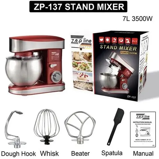 Стационарный миксер тестомес 4в1 Zepline ZP-137 с металлической чашей планетарное вращение 7л 3500Вт Красный - фото 5